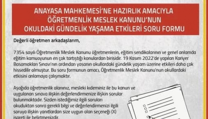 “Öğretmenlik Meslek Kanunu’nun okullarda gündelik yaşama ilk etkileri”/anket